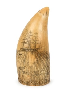 A scrimshaw whale's tooth engraved with whaling ship and whaling scene, reverse engraved with shield and owner's initials "H. K. 1870", 14.5cm high
