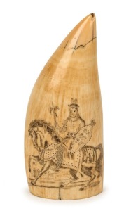 An impressive scrimshaw whale's tooth adorned with image of Richard the Lion Heart on horseback in front of the Walls of Jerusalem, 18cm high