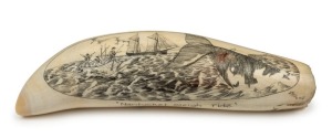 JAMES CUMBERLAND BROWN (Albany, Western Australia) scrimshaw whale's tooth titled "Nantucket Sleigh Ride", signed "J. F. C. RMS", 18.5cm high