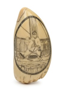 JAMES CUMBERLAND BROWN (Albany, Western Australia) scrimshaw whale's tooth titled "Splicing the Foreganger to the Harpoon", signed "J. F. C. RMS", 12.5cm high