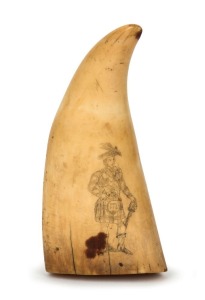 A scrimshaw whale's tooth adorned with a Highland Scot in full regalia, 15.5cm high