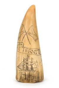 A scrimshaw whale's tooth adorned with tallship and female portrait on reverse titled "Eternity, Eliza Coffin", 15cm high