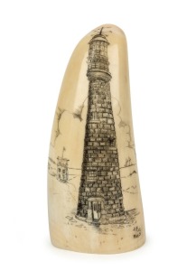 JAMES CUMBERLAND BROWN (Albany, Western Australia) scrimshaw whale's tooth titled "Rottnest Lighthouse Built in 1895", signed "J. F. C. RMS", 11cm high