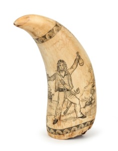 A scrimshaw whale's tooth adorned with sailor, tallship and a female portrait on reverse, 14.5cm high