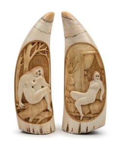 A pair of whale's teeth with three dimensional carved cartouche interior scenes adorned with female nudes, the larger an impressive 19.5cm high