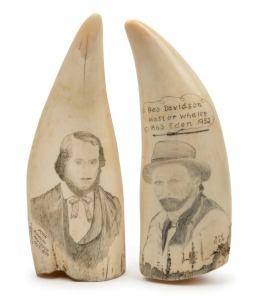 EDEN TWOFOLD BAY INTEREST: A fine pair of scrimshaw whale's teeth pertaining to the DAVIDSON FAMILY showing five generations with portrait