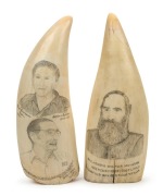 EDEN TWOFOLD BAY INTEREST: A fine pair of scrimshaw whale's teeth pertaining to the DAVIDSON FAMILY showing five generations with portrait - 2