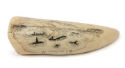 "WHALING IN TWOFOLD BAY 1828-1930" scrimshaw whale's tooth depicting Eden's Twofold Bay with whaling scene, signed "Rene Davidson, Eden 13-12-2003", 18cm high