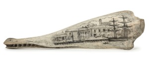 "HOBART TOWN" scrimshaw whale jawbone adorned with scene of Salamanca, Battery Point, Tasmania, 47cm long