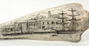 "HOBART TOWN" scrimshaw whale jawbone adorned with scene of Salamanca, Battery Point, Tasmania, 47cm long - 3