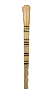 An antique whalebone walking stick with whale tooth handle and baleen spacers, 19th century, 86.5cm high