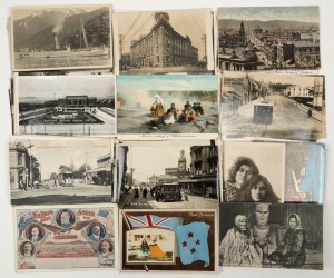 Postcards: NEW ZEALAND: A collection of photographic postcards featuring street scenes with trams and social gatherings, Maori cultural practices, the aftermath of the 1929 Murchison earthquake, bird's-eye views of towns and cities, bridges, ports, railwa