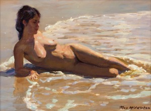 MAX MIDDLETON (1922-1913), untitled female nude on the beach, oil on board, signed lower right "Max Middleton", ​​​​​​​22 x 30cm, 40 x 47cm overall