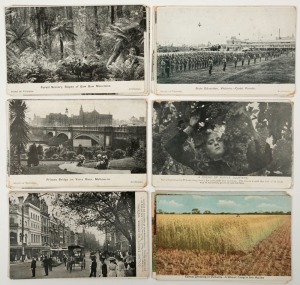 Postcards: VICTORIA: A collection of semi-official cards, all different, each issued by an institution such as the Victorian Government, the Commissioner of Crown Lands, the Lands Purchase and Management Board, and the Immigration and Intelligence Bureau. Featuring views of agricultural practices, public buildings and infrastructure, street scenes and parades, etc. (Total: 31; 28 unused; 3 used)