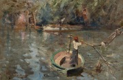 WALTER WITHERS (1854-1915), Twickenham River Crossing, Burnley, C.1898, oil on wood panel, signed lower left "Walter Withers", partially inscribed with title on handwritten label verso "Twickenham", 16.5 x 25 cm, 28 x 36cm overall, PROVENANCE: Deutscher a