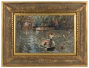 WALTER WITHERS (1854-1915), Twickenham River Crossing, Burnley, C.1898, oil on wood panel, signed lower left "Walter Withers", partially inscribed with title on handwritten label verso "Twickenham", 16.5 x 25 cm, 28 x 36cm overall, PROVENANCE: Deutscher a - 2