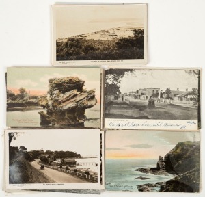 Postcards: VICTORIA - MORNINGTON PENINSULA: A collection of photographic postcards featuring women in petticoats at Sorrento Back Beach and pier, detailed views of the early development of Mornington Main Street, early Dromana from atop Arthur's Seat, coastal geological formations, etc. Noted "Kannanook Creek, Frankston" by Brody, "Main Street, Mornington" UDB, "Main-Street, Mornington" by Aust. Enamellers, "Snap of Sorrento" by Geo. J. Janes, "Dromana Township" by Rudduck, etc.