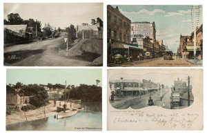 Postcards: VICTORIA - MELBOURNE SUBURBS: A collection of photographic postcards featuring street views with gathered crowds and horse-drawn carriages, St Kilda landmarks including former Princes Court amusement park, a dramatic depiction of a steam train 