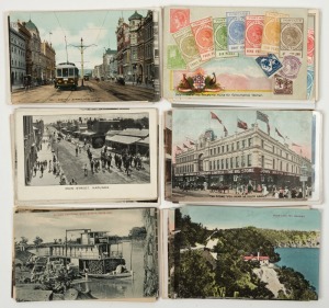 Postcards: SOUTH AUSTRALIA: A collection of mainly photographic postcards featuring street scenes with trams and horse-drawn carriages, Afghan cameleers, Port Pirie lead industry, bird's-eye views of landscape features, ports, steamers, etc. Publishers/photographers include Maren, Donald Taylor, Mallyon, George King, Misses Bond, Murray, Marchants, Valentine's, H.R.James, J.B. Siddall, Atkinson, Lamond, etc. (Total: 56; 37 unused; 19 used)