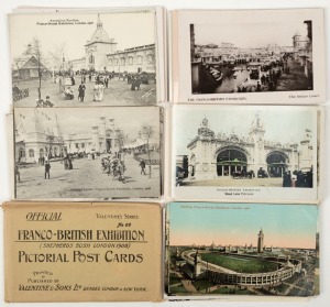 Postcards: EXHIBITION - 1908 FRANCO-BRITISH: A fine collection of postcards documenting the 1908 Franco-British Exhibition in London. Featuring views of the ornate national pavilion exteriors, King Edward meeting French president FalliÃ¨res, the giant 'Fl