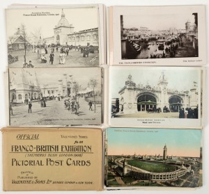 Postcards: EXHIBITION - 1908 FRANCO-BRITISH: A fine collection of postcards documenting the 1908 Franco-British Exhibition in London. Featuring views of the ornate national pavilion exteriors, King Edward meeting French president Fallières, the giant 'Flip-Flap' ride, model villages, and a set of cards from the exhibition in an original souvenir envelope. (Total: 73; 58 unused; 15 used)