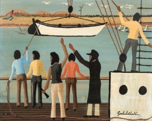 DICK GOOBALATHALDIN ROUGHSEY (1924-1985), Jacky-Jacky Arrives Cape York Alone, oil on composition board, signed and dated "Goobalathaldin, '83", 39 x 49.5cm, 50 x 60cm overall