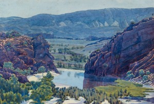 REX BATTARBEE (1893-1973), Waterhole, Central Australia, 1939, watercolour, signed lower right "Rex Battarbee, 1939", 38.5 x 56.5cm, 59 x 75cm overall. PROVENANCE: Roy Johnston Collection, Melbourne