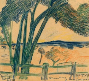 WILLIAM MERRIC BOYD (1888-1959), Yarra Glen, Country Reminiscence, colour pencil on paper, signed lower left "Merric Boyd,1950", titled lower right, ​​​​​​​23 x 26cm, 45 x 47cm overall
