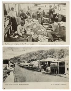 Postcards: QUEENSLAND - FAR NORTH: A collection of photographic postcards featuring street and bird's-eye views of such cities as Cairns and Townsville, main streets packed with early automobiles, Torres Strait Islander agricultural and fishing practices, Thursday Island, railway bridges and waterfalls, etc. Publishers/photographers include Murray, T. Willmett & Son, W.J. Laurie, Edco, Owen Whittick, Queensland Railways, O. Watson, W.J. Horseman, A.R. Meldrum, etc. (Total: 36; 28 unused; 8 used)