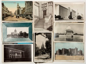 Postcards: VICTORIA - MELBOURNE ICONS: A collection of mainly photographic postcards featuring views of many prominent buildings in Melbourne across various years, including the MCG ("An English Eleven at Play 1904"), the State Library, the former Menzies Hotel, Windsor Hotel, the Shrine of Remembrance dedication ceremony, and many others. Publishers include Commonwealth Immigration Office, Australian Enamellers, Sands & McDougall (UDB), Semco, Ward, Lock & Co., M.L.H., Lindt, Valentines, Rose,