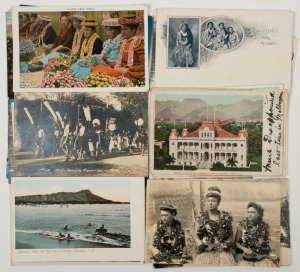 Postcards: UNITED STATES - HAWAII & GUAM: A collection of photographic postcards featuring surfing, street scenes and public buildings in Honolulu, palm-studded beaches, surfers, ukulele ensembles, Indigenous Hawaiian cultural practices, hotels and piers,