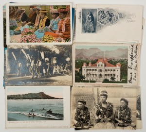 Postcards: UNITED STATES - HAWAII & GUAM: A collection of photographic postcards featuring surfing, street scenes and public buildings in Honolulu, palm-studded beaches, surfers, ukulele ensembles, Indigenous Hawaiian cultural practices, hotels and piers, etc. Noted several by Baker, Island Curio Store, Wall, Nichols & Co., undivided back "Greetings from Hawaii types, etc. (Total: 35; 29 unused; 6 used)