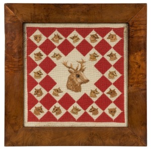 ROBIN HOOD antique musk picture frame with needlework tapestry, mid 19th century, 40.5 x 40.5cm, (29 x 29cm internal)