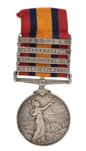 The QUEEN'S SOUTH AFRICA MEDAL with clasps for CAPE COLONY, ORANGE FREE STATE, JOHANNESBURG & BELFAST, engraved to 4187 Pte. P. CALLAGHAN. 8/Hrs: