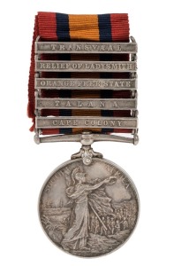 The QUEEN'S SOUTH AFRICA MEDAL with clasps for CAPE COLONY, TALANA, ORANGE FREE STATE, RELIEF OF LADYSMITH and TRANSVAAL, named to 6364 PTE M. MULLIGAN, RL. DUBLIN FUS: