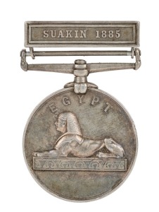 The EGYPT MEDAL to an AUSTRALIAN serving in SUDAN: silver, with undated reverse, SUAKIN 1885 clasp; engraved to 1223. GUN: J. HENDERSON. N.S.W. ARTY: Joseph (or John) Henderson was a member of the New South Wales contingent of volunteers who "answered the