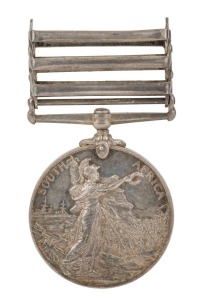 The QUEEN'S SOUTH AFRICA MEDAL with CAPE COLONY, ORANGE FREE STATE and TRANSVAAL clasps; engraved to Lieut. E.R.N. WALTON, VICTORIAN M.R. Lieutenant Edward Reginald Norcliffe Walton was with the 5th Victorian Mounted Rifles in South Africa. He was invalid