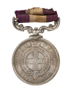 VICTORIA VOLUNTEER FORCES: Long and Efficient Service Medal, 1881-1893 (type 1) named to CAPTAIN L.S. AMESS, FIELD COMPANY, ENGINEER CORPS. (With onate suspender present but detached).