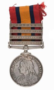 The QUEEN'S SOUTH AFRICA MEDAL with ORANGE FREE STATE, JOHANNESBURG, DIAMOND HILL and BELFAST clasps, engraved to 79 PTE J. McCORMICK, TASMANIAN M.R. John McCormick was with the Tasmanian Mounted Infantry.