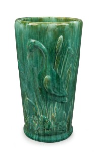 JOHN CAMPBELL green glazed pottery walking stick stand with stork and bulrush decoration, incised "John Campbell, Tasmania", 42cm high