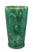 JOHN CAMPBELL green glazed pottery walking stick stand with stork and bulrush decoration, incised "John Campbell, Tasmania", 42cm high