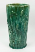 JOHN CAMPBELL green glazed pottery walking stick stand with stork and bulrush decoration, incised "John Campbell, Tasmania", 42cm high - 3