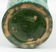 JOHN CAMPBELL green glazed pottery walking stick stand with stork and bulrush decoration, incised "John Campbell, Tasmania", 42cm high - 5