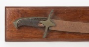 COLONIAL OFFICER'S SWORD relic condition, mounted on board with plaque "Colonial Officer's Sword circa 1838, Recovered From Wall During Renovations&nbsp;Launceston, 1959", ​​​​​​​the sword 74cm wide - 2