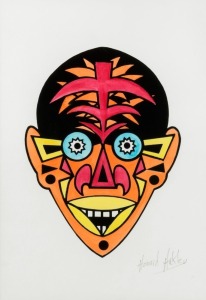 HOWARD ARKLEY (1951-1999), Zappo Head, watercolour on silkscreen on paper, signed lower right "Howard Arkley", inscribed on verso "Howard Arkley Zappo Mask Screenprint Watercolour", 38cm x 27cm, 54.5cm x 39cm overall