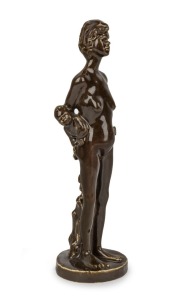 DARBYSHIRE prototype ceramic statue of a standing Aboriginal woman holding a child, with high gloss olive green/brown glaze, rare, 24.5cm high