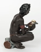DARBYSHIRE&nbsp;ceramic statue of a crouching Aboriginal man holding a kookaburra, rare, impressed factory mark to base, 16cm high - 2