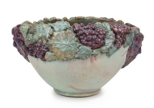 UNA DEERBON large pottery vase with applied grapes and leaves plus facemask handles, incised "DEERBON", 21cm high, 36cm wide