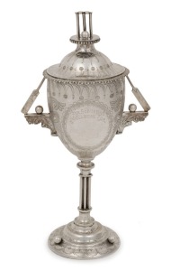 "THE SUBURBAN CHALLENGE CUP" Australian silver cricket trophy cup and cover, most likely the work of HENRY YOUNG of Collingwood in Melbourne, circa 1870s. 23cm high, 222 grams