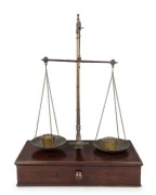 BANKER'S antique gold scales on mahogany base with assorted cup and lozenge weights, by Avery of London, 19th century,&nbsp;